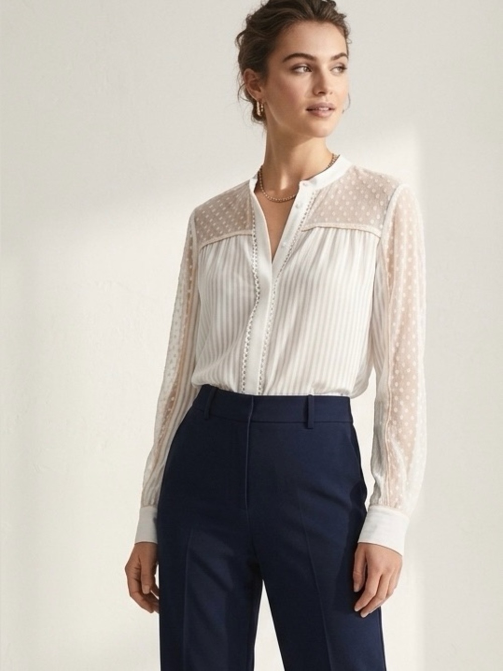 Reiss Cora Ivory Semi Sheer Dobby Pintuck Shadow Stripe Button-Down Blouse